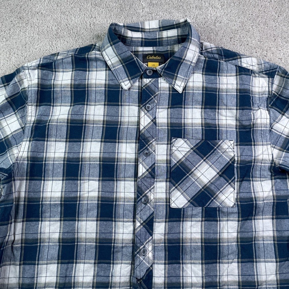 Cabelas Shirt Mens Large Blue‎ Plaid Cotton Short Sleeve Button Down Outdoor